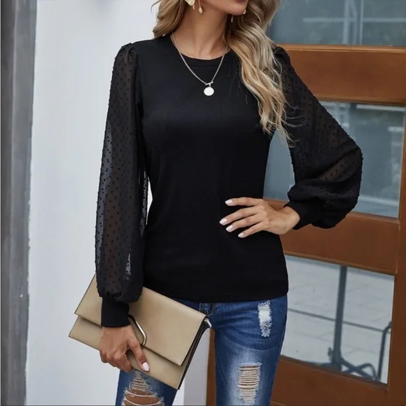 Boho Black Swiss Dot Balloon Sleeve Top S M L XL - Picture 2 of 4